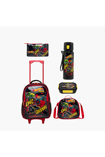 HOT WHEELS 5-Piece Monster Truck Print Trolley Backpack Set - 16 inches