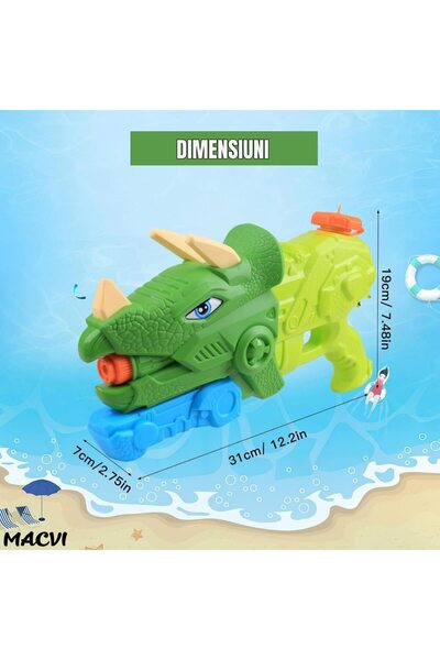 MACVI Pulverizator de apă cu dinozauri ®, 1330 ml, 35 cm, 3 duze, rază de acțiune de 8 m, PVC durabil, 6+, verde mușchi