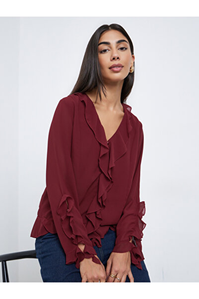 Styli Maroon Frill Detail V Neck Chiffon Blouse