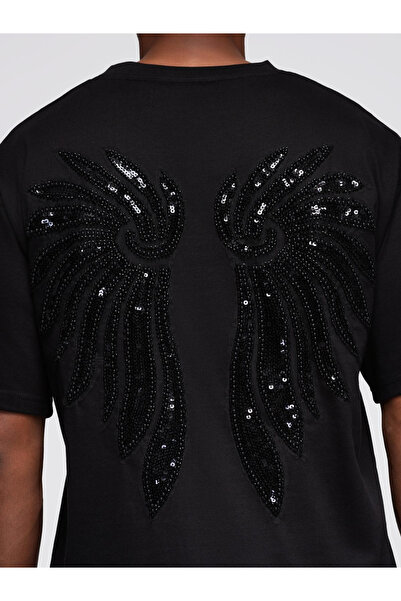 OMBRE Ανδρικό βαμβακερό μπλουζάκι με μοτίβο φτερού νομίσματος στην πλάτη - Μαύρο V1 OM-TSCT-0289