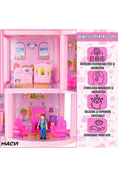 MACVI ® Lovely House Dollhouse, 2 Floors, 5 Rooms, Garage with Car, 2 Figures, 112 Pieces