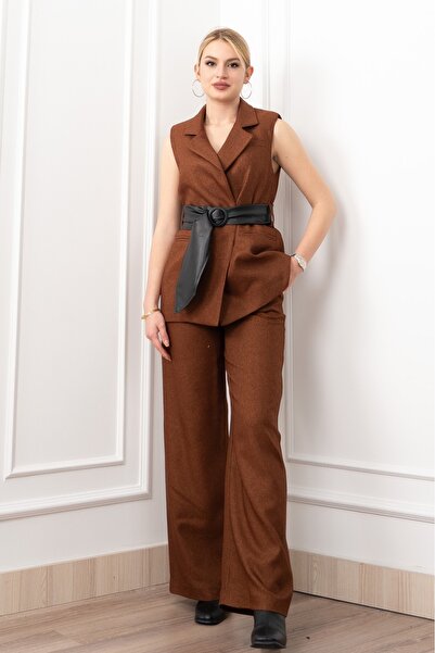 MissVina Δερμάτινο γιλέκο με ζώνη και παντελόνι με τσέπες 1282