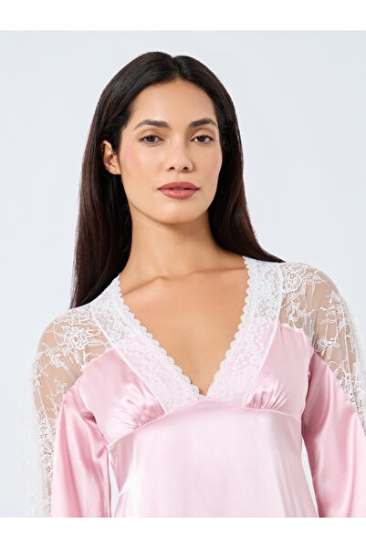 Take Two By Styli Contrast Lace Insert V Neck Satin Nightdress