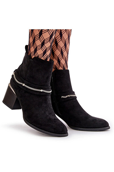 BOTO Botine Călduroase pentru Femei cu Toc și Lanț Suede Negre Hanalen 40