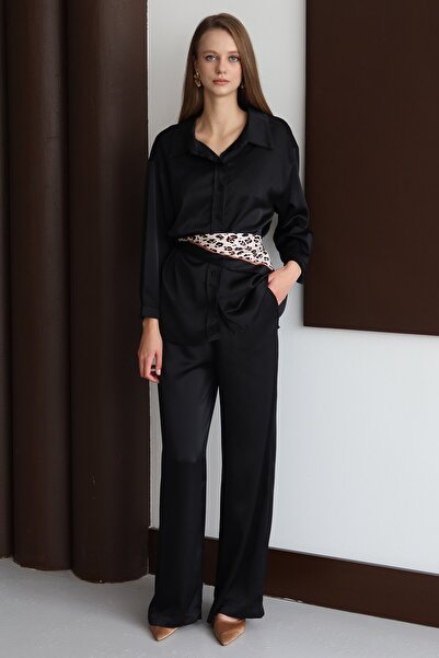 VAGGON Women's Black Buttoned Oversized Satin Shirt Vs01428