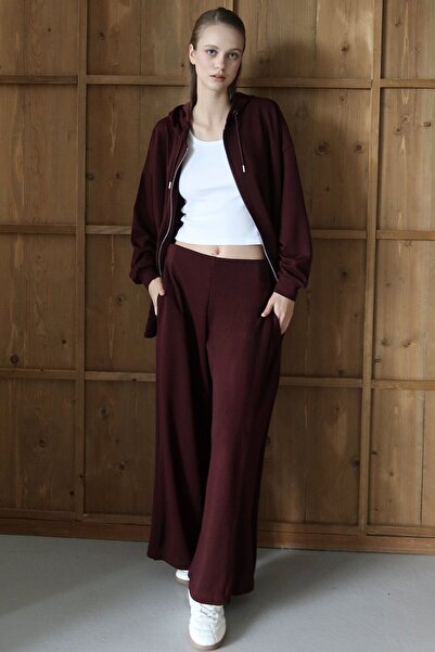 VAGGON Women's Bordo High Waist Double Pocket Palazzo Woven Trousers Vs01426