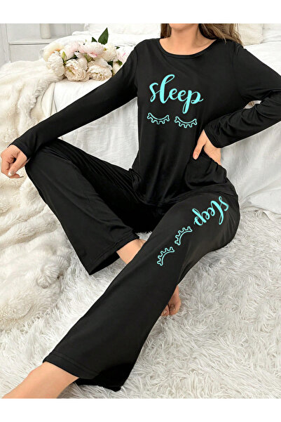 Take Two By Styli Slogan Print Long Sleeve T-Shirt with Bow Detail Pants Set