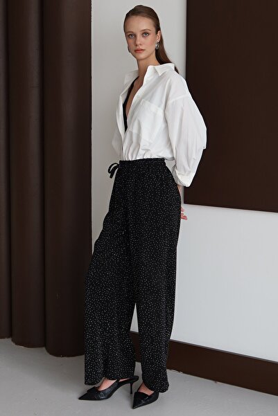 VAGGON Women's Black Lace-Up Double Pocket Stone Embroidered P Palazzo Pants Vs01434