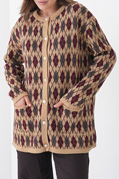 VAGGON Women's Beige Diamond Patterned Buttoned Pocketed Knit Cardigan Vs01445