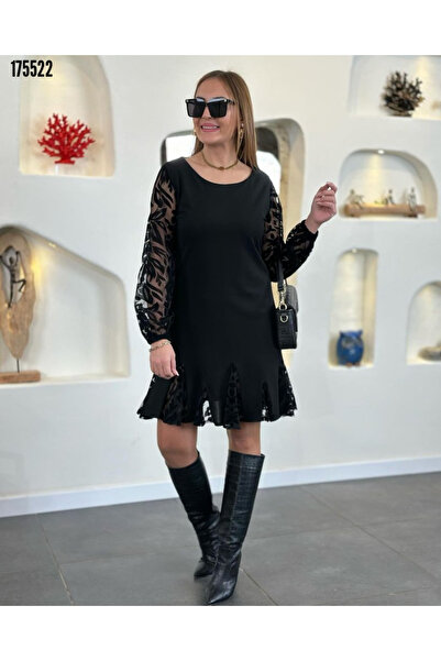 Modayakamoz Yeni Sezon Kadın Kısa Krep Elbise Uzun Kollu Yuvarlak Yaka Dantelli Model