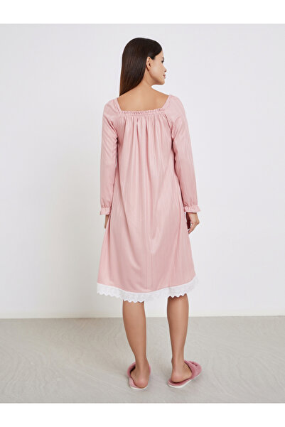 Take Two By Styli Pink Long Sleeve Nightdress with Lace Trim