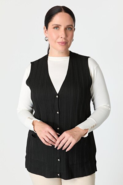 accort Büyük Beden Cep Detaylı Triko Yelek-SİYAH