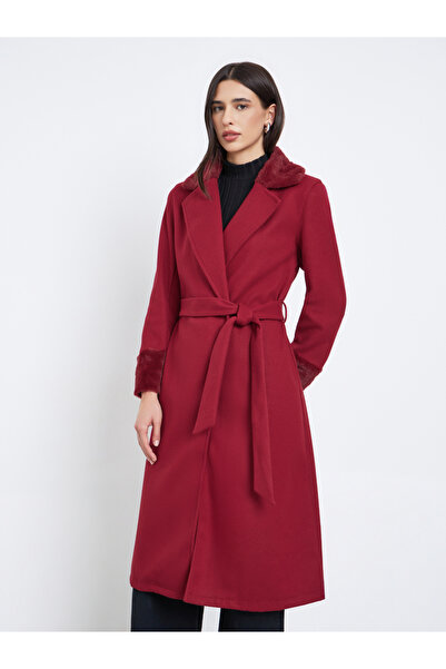 Styli Regular Fit Midi Wool Like Belted Coat with Faux Fur Detail