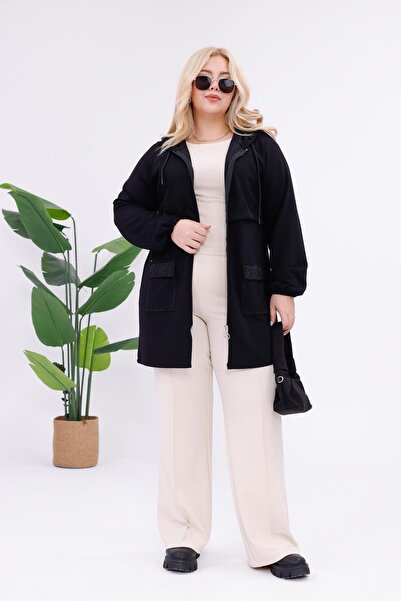 Siyezen Plus Size Mesh Detailed Zippered Cardigan
