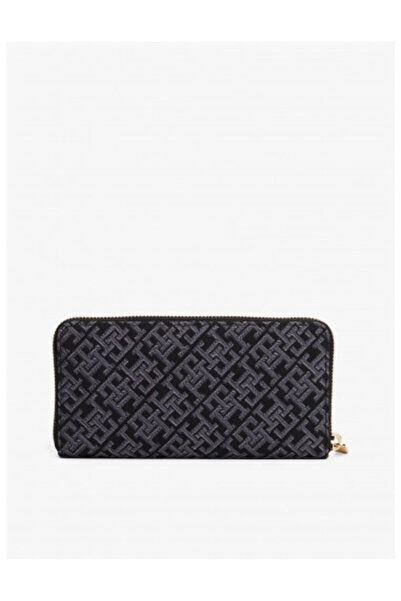 Tommy Hilfiger Women's Th Monogram Logo Patterned Zippered Interior Compartment Black Wallet Aw0Aw17956-Bds