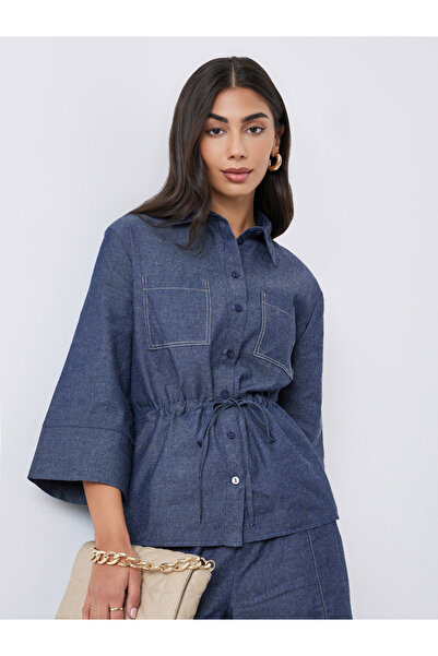 Styli Plain 3/4 Sleeve Denim Shirt with Drawcord Waist