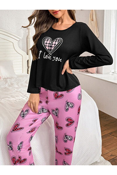 Take Two By Styli Heart Print Long Sleeve T-Shirt and Pyjama Set