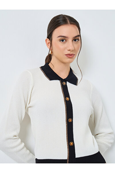 Styli Textured Knit Flat Collar Cardigan