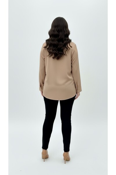 Koza Butik Women's Large Size Long Sleeve Front Break Piped Detail Flowy Fabric Shirt 1991