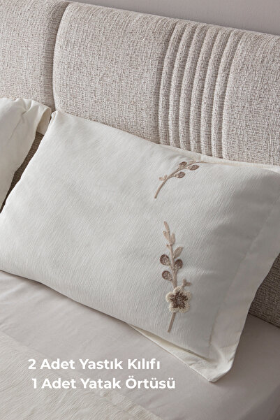 BUGİ HOME COLLECTİON Seren Desen Çift Kişilik Nakışlı Yatak Örtüsü Seti Şönil Kumaş Punch Nakışlı 240x260cm