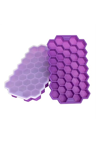amXea Set 2 silicone ice cube trays HONEY Purple, hexagon shape, 37 cubes, with lid