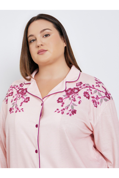 Styli Plus Placement Floral Print Button Long Sleeve Shirt and Pyjama Set
