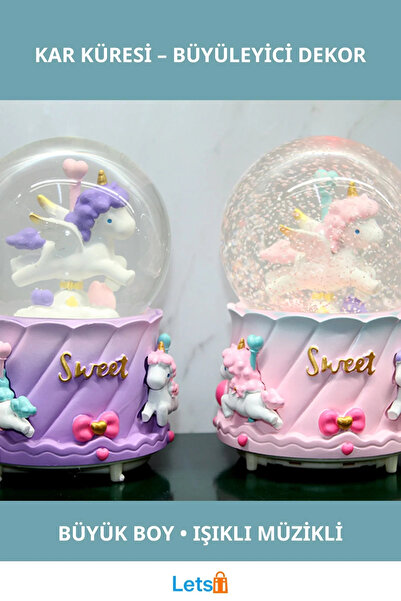 Letsii Unicorn Dönmeli Püskürtmeli Işıklı Müzikli Kar Küresi Büyük Boy