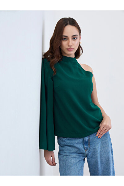 Styli Teal Cape Style One Shoulder Sleeve Blouse