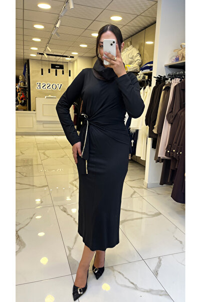 Vosse Miarte Siyah Kendinden Bağlamalı yırtmaçlı Elbise