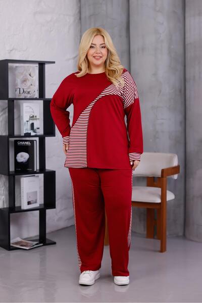 Siyezen Plus Size Striped Cotton Stretch Fabric Tracksuit Set