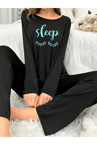 Take Two By Styli Slogan Print Long Sleeve T-Shirt with Bow Detail Pants Set