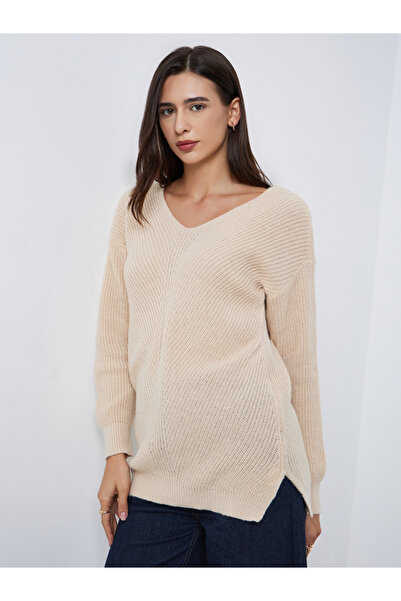 Styli Beige Longline Dropped Shoulder Knit Sweater