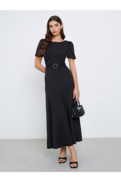 Styli Black Puff Sleeves Maxi Dress with Buckle Accent
