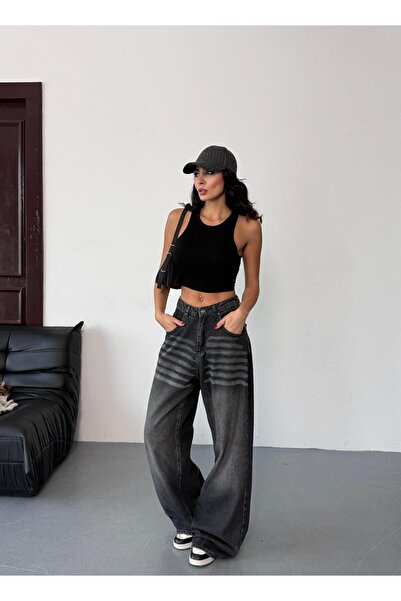 Zeo Basic Women's Extra Baggy Jean High Waist Loose Pants Black Washed