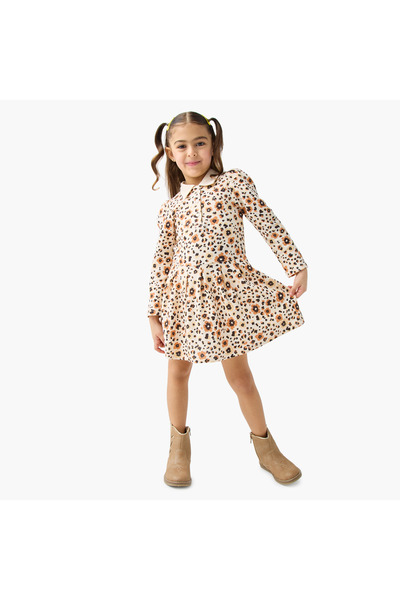 Juniors Floral Print Polo Dress with Long Sleeves