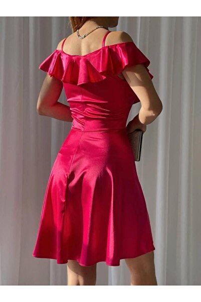 Modafeminen Off-Shoulder Ruffle Satin Dress 582218 Fuchia