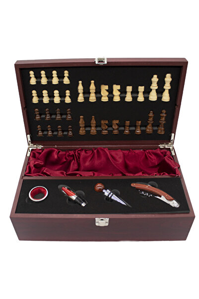 velve Set cadou King, cutie din lemn cu piese pentru sah, 4 accesorii de Vin ...