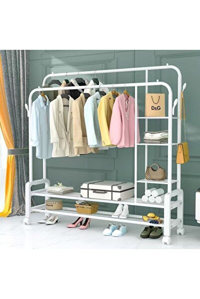 CamelMall Metal clothes hanger organizer, clothes rack and side shelves, white with wheels