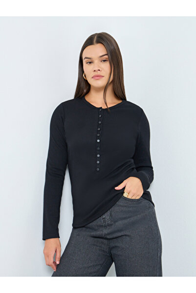 Styli Women Black Ribbed Long Sleeve Knit Top with Button Placket