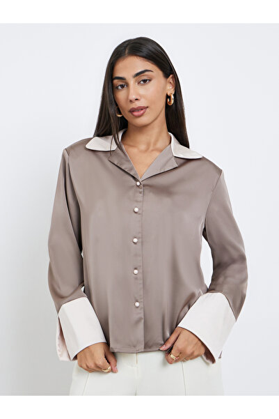 Styli Women Brown Color Block Notch Lapel Button Down Shirt