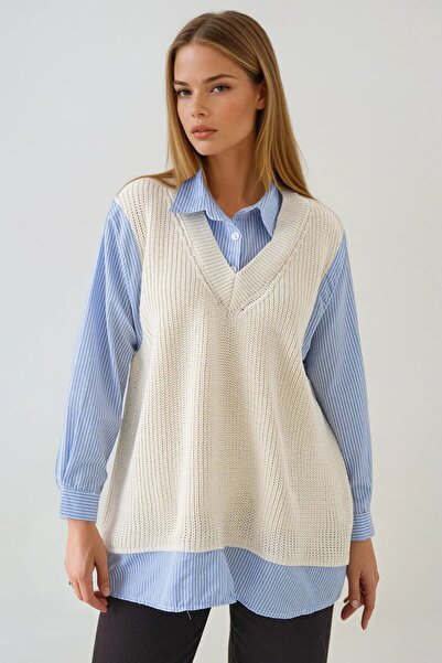 VAGGON Γυναικείο πουκάμισο εκρού με λεπτομέρεια πλεκτό με λαιμόκοψη σε σχήμα V πουλόβερ μπλούζα Vs01439