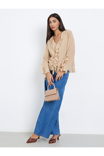 Styli Beige Frill Detail V Neck Chiffon Blouse