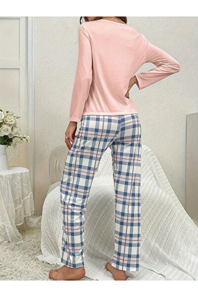 Take Two By Styli Graphic Print Long Sleeve T-Shirt and Checked Pyjama Set