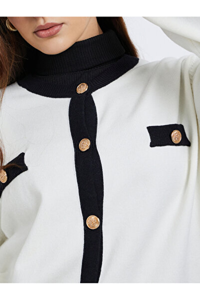 Styli Off White Regular Fit Cardigan with Contrast Trim