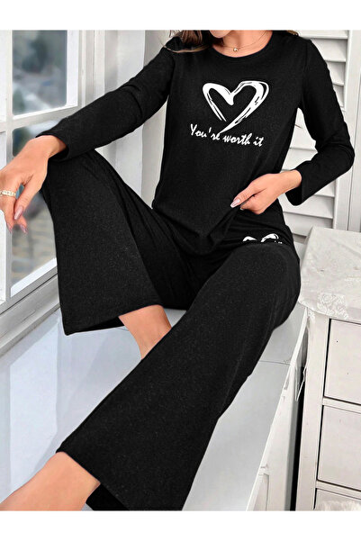 Take Two By Styli Black Heart Print Long Sleeve T-Shirt and Pyjama Set