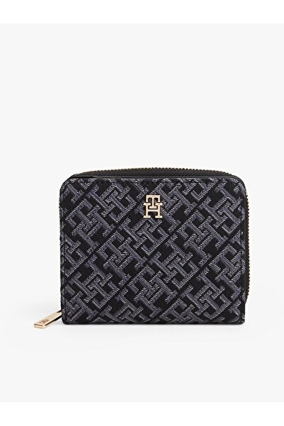 Tommy Hilfiger Women's Th Monogram Logo Patterned Zippered Interior Compartment Black Wallet Aw0Aw17957-Bds