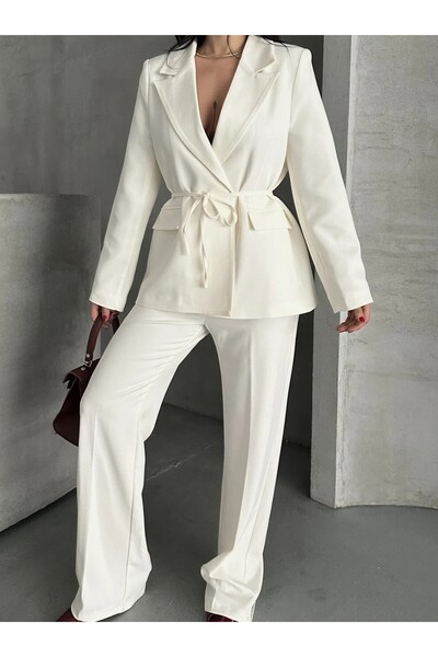 MYGİYİMİSTANBUL Belden Bağlamalı Blazer Ceket Pantolon TakımTakım Elbise