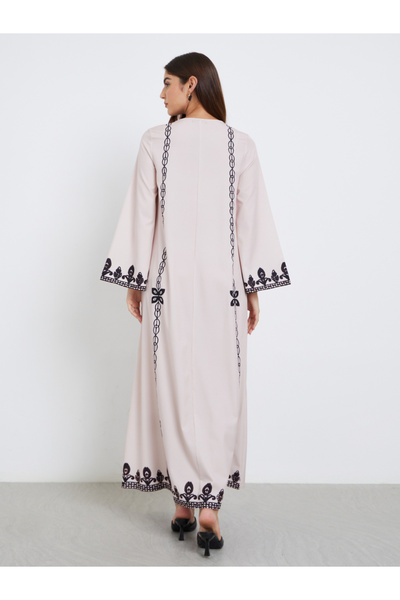 Styli Cream V Neck Printed Jalabiya