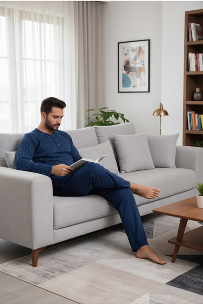 Bravie 100% Cotton Men's Combed Cotton Pajama Set with Buttoned Collar 9711 Navy Blue