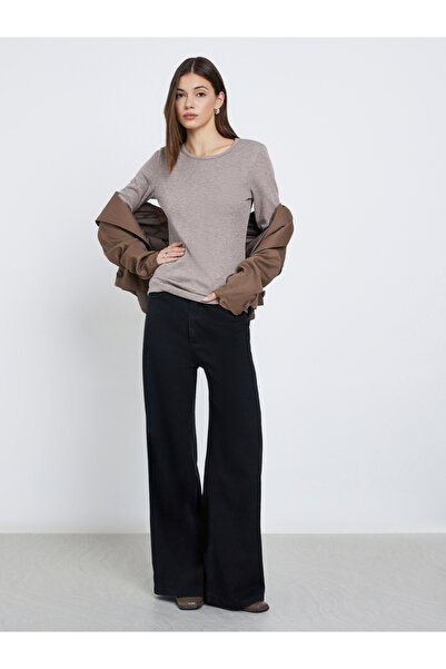 Styli Beige Flat Knit Top with Long Sleeves